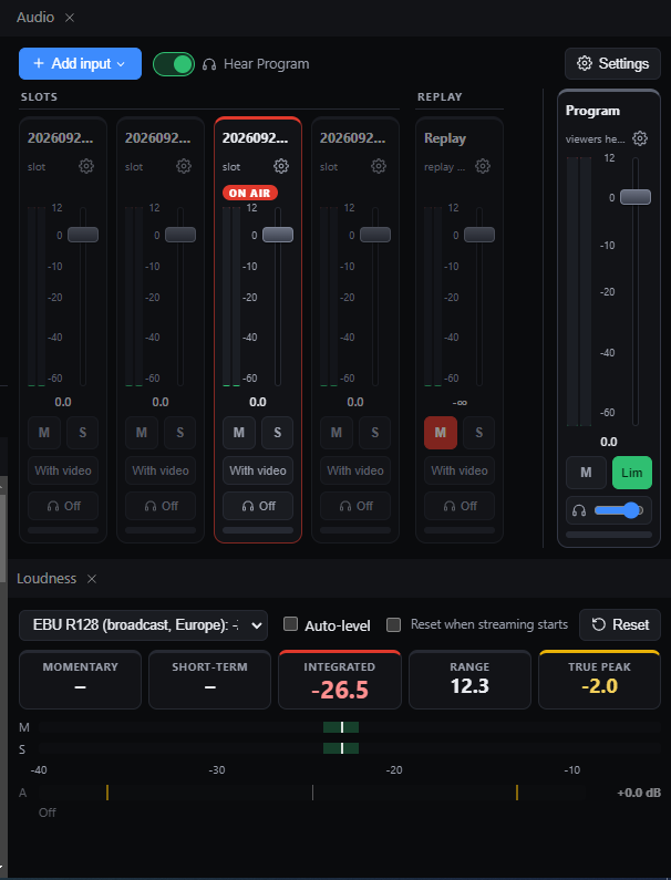 The audio mixer with a fader strip for each slot, a Program master with limiter, and an EBU R128 loudness meter.
