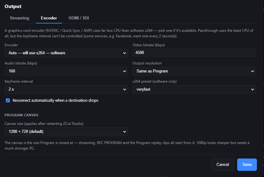 The Output encoder settings with encoder choice, bitrate, keyframe interval and canvas size.