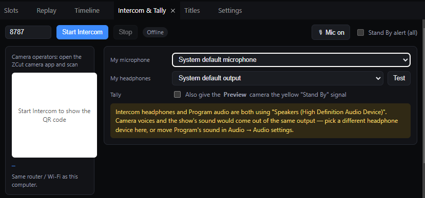 The Intercom and Tally tab with a QR code area and microphone and headphone choices.