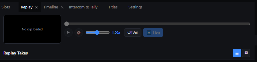 The Replay tab with a clip player, speed slider and the Live button.