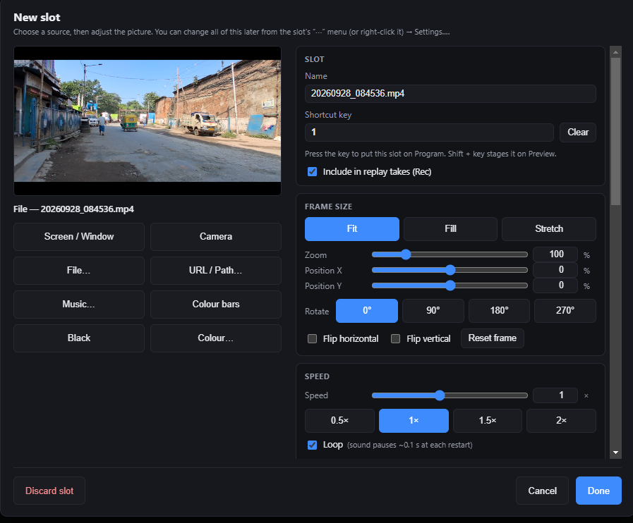 The slot settings dialog with source choices, shortcut key, frame size, zoom, rotate and speed controls.
